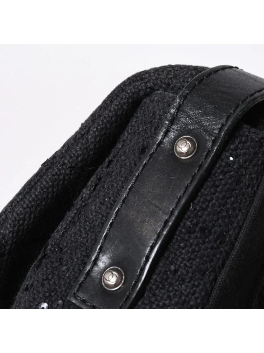 Chanel 2.55 Shoulder Bag CC Logo Sequins Canvas Leather Black
